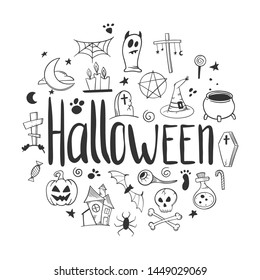 Halloween set. Pumpkin and cauldron. Vector concept in doodle and sketch style. Hand drawn illustration for printing on T-shirts, postcards.