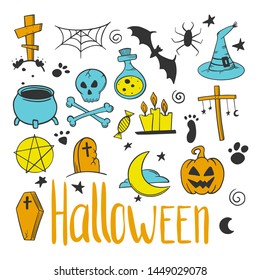 Halloween set. Pumpkin and cauldron. Vector concept in doodle and sketch style. Hand drawn illustration for printing on T-shirts, postcards.