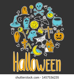 Halloween set. Pumpkin and cauldron. Vector concept in doodle and sketch style. Hand drawn illustration for printing on T-shirts, postcards.
