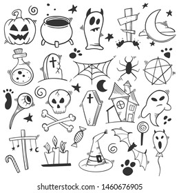 Halloween set. Pumpkin and cauldron. Vector concept in doodle and sketch style. Hand drawn illustration for printing on T-shirts, postcards.