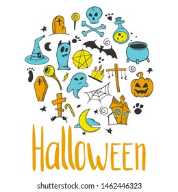 Halloween set. Pumpkin and cauldron. Vector concept in doodle and sketch style. Hand drawn illustration for printing on T-shirts, postcards.