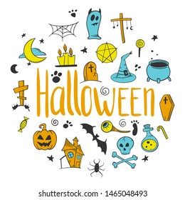 Halloween set. Pumpkin and cauldron. Vector concept in doodle and sketch style. Hand drawn illustration for printing on T-shirts, postcards.