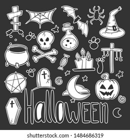 Halloween set. Pumpkin and cauldron. Vector concept in doodle and sketch style. Hand drawn illustration for printing on T-shirts, postcards.