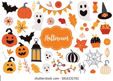 Halloween set - pumpkin, garland, ghost, bat, spider, web, leaves, candy, cupcake, witch hat, scary eye, lantern, scull, bone isolated on white background. Perfect for holiday decoration, stickers