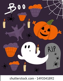 Halloween set. Pumpkin, ghost, bat and spiders