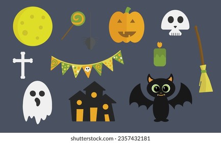 Halloween set, pumpkin, ghost, candy, bat, spider, broomstick,
skull, candle, house, simple vector illustration, cross made of bones, decorations for the holiday in October, autumn holiday. 10 eps
