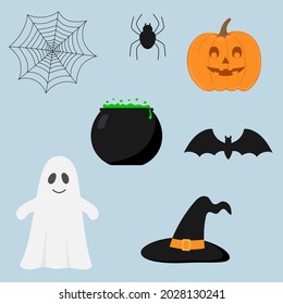 Halloween set. Pumpkin, ghost, spider, bat, web, witch's hat and pot. Flat style design. Isolated vector illustration 