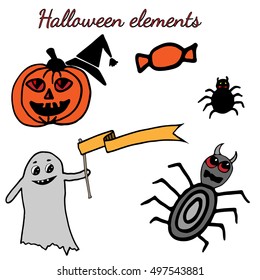 Halloween set with pumpkin, ghost, spider web. For Halloween party, holidays, icon, logo, border, book or page design, child magazine, banner, template. 