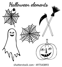 The Halloween set with pumpkin, ghost, spider web. For Halloween party, holidays, icon, logo, border, book or page design, child magazine, banner, template. 