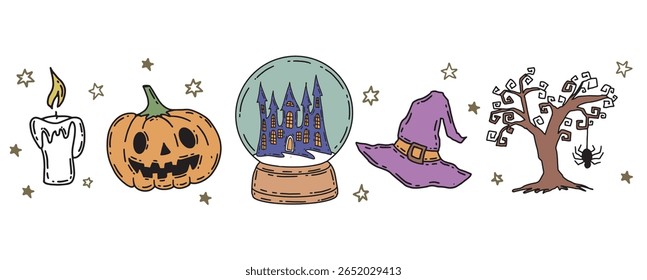 Halloween set with pumpkin, hat, hand drawn illustrations