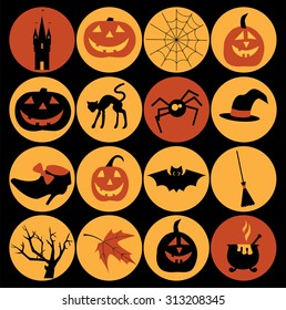 Halloween set -.pumpkin, hat, pot of poison, broom, spider web, spider, witch Shoe, castle, black cat and tree