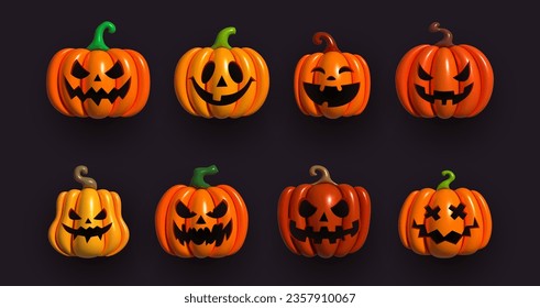 Halloween Set of pumpkin for holiday. Inflatable orange pumpkins with cut scary good joy smile. Collection of 3d objects. Design elements isolated on light background. Vector illustration