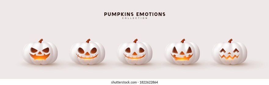 Halloween Set of pumpkin for holiday. Realistic 3d white pumpkins with cut scary good joy smile. Collection of 3d objects. Design elements isolated on light background. Vector illustration