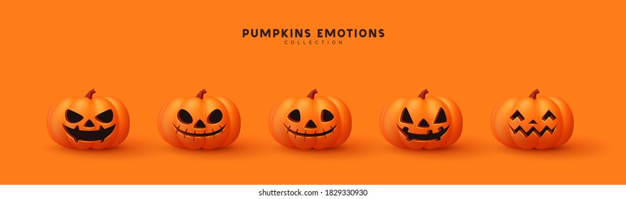 Halloween Set of pumpkin for holiday. Realistic 3d orange pumpkins with cut scary good joy smile. Collection of 3d objects. Design elements isolated on orange background. Vector illustration