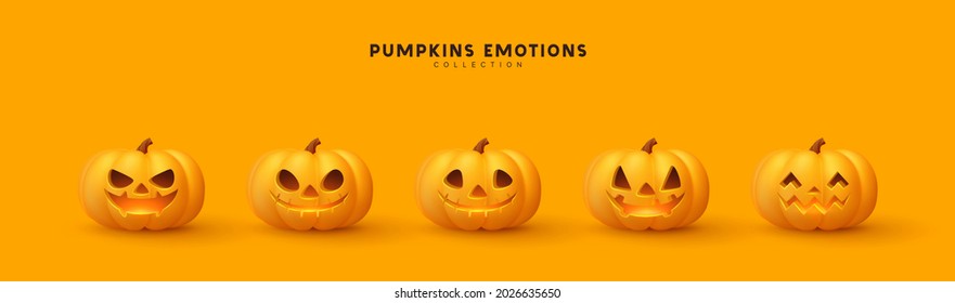 Halloween Set of pumpkin for holiday. Realistic 3d orange pumpkins with cut scary good joy smile. Isolated design elements. Vector illustration