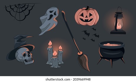 Halloween set: pumpkin, net, cauldron, bats, lantern, skull, witch hat, ghost, candles, broom. Solid black outline. Orange, coral light.