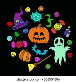 The Halloween set pumpkin party holidays candy icon logo border objects art illustration