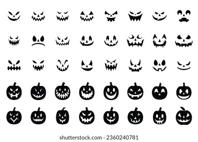 Halloween set of pumpkin silhouettes and funny and scary ghost,pumpkin or Jack o lantern faces, Vector illustration of carved faces silhouettes
