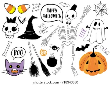 Halloween set with pumpkin, skeleton, ghost, lettering, cat and other. Template for Party card, Greeting Scrapbooking, Congratulations, Invitations, Stickers.