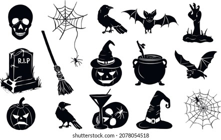 halloween set. pumpkin, skull, broom, headstone, spider, cobweb, crows, dead man's hand, witch hat, cauldron, bats. silhouette graphics. vector. eps