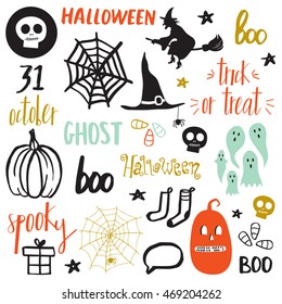 Halloween set with with pumpkin, socks, witch, ghost, lettering and other.Template for Party card, Greeting Scrapbooking, Congratulations, Invitations, Stickers.