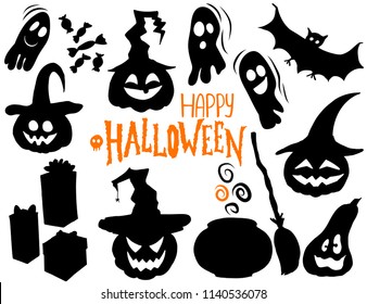 Halloween set - pumpkin in a witch hat, gift, bat, ghost, broom, cauldron. Lettering Happy Halloween. Vector illustration. Template for banner, poster, flyer, greeting card.