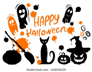 Halloween set - pumpkin in a witch hat, cat, ghost, broom, cauldron. Lettering Happy Halloween. Vector illustration. Template for banner, poster, flyer, greeting card.