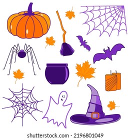 Halloween set with pumpkin, witch hat, ghost, candles, webs, spider, bats, maple leaves, pot, and broom 