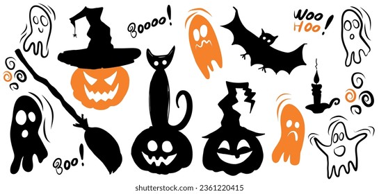 Juego de Halloween - calabaza con sombrero de bruja, gato, fantasma, escoba. Dejando feliz Halloween. Ilustración vectorial. Plantilla para banner, afiche, volante, tarjeta de saludo.