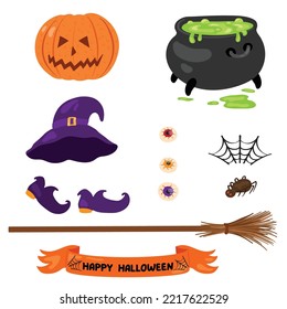 Halloween set. Pumpkin, witch's cauldron, witch costume - boots, hat and broom. Inscription, scary eyes, spider, web. Hand drawn vector illustration. Suitable for website, stickers, postcards.