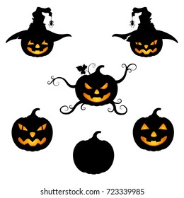 Halloween set with pumpkins. Black pumpkins with faces and glowing eyes.  Vector illustration.