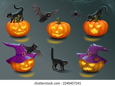 Halloween set of pumpkins with cats, bats, witch's hats, spider and web isolated on the transparent background. Vector illustration in cartoon style