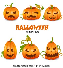 Halloween Set of pumpkins. Pumpkins with different emotions: angry, kind, cunning, sad. Foliage. Party collection