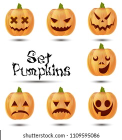 Halloween set pumpkins emotions icon design cute smile orange funny isolated. Carving expression holiday jack symbol character celebration glow, dark, season illustration fear, lantern angry web face