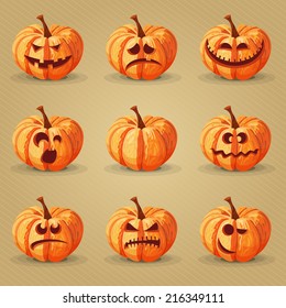 Halloween set. Pumpkins, facial expressions, emotions. 