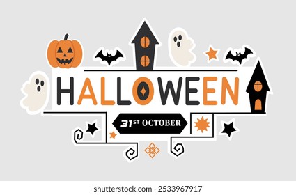 Halloween set. pumpkins, ghosts, Bat, Star, House, Characters and elements for Halloween in cartoon style. 31st October. Victor illustration EPS10 Editable.