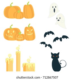 Halloween set of pumpkins, ghosts, bats, a cat and candles. Flat illustration