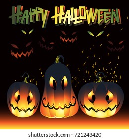 Halloween set with pumpkins, ghosts, bonfire and sparks