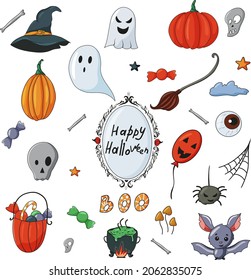 Halloween set with pumpkins and ghosts with candies and a bat many items on a transparent background