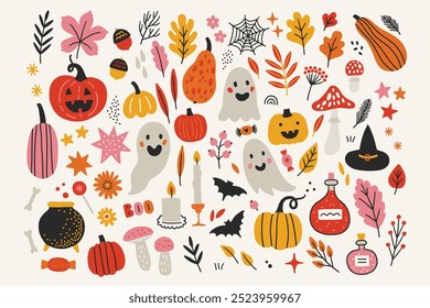 Halloween set - pumpkins, ghosts, potion, witch hat, candle, mushroom, stars, bats, berries, leaves, branches on white background. Perfect for autumn greeting cards, decorations. Vector illustration