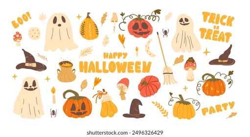 Halloween set. Pumpkins, ghosts, witch hats and others kit. Collection of autumn festive. Vector hand drawn illustration isolated on white background.