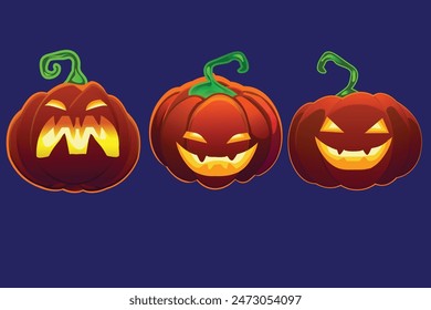 Halloween Set de calabazas para la fiesta. Calabazas anaranjadas realistas con una sonrisa alegre esculpida y aterradora. Colección de objetos. Elementos de diseño aislados sobre fondo púrpura. Ilustración vectorial