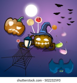 Halloween set of pumpkins, lollipops, bat's, magic drinks