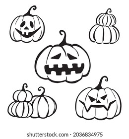 Halloween set of pumpkins with a scary faces. Happy Halloween night design print card, invitation, banner. Funny hand drawing ink style vector illustration.