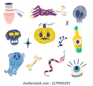 Halloween set. Pumpkins, skulls, eyes, flowers and potion. Design for Halloween, invitation cards, greeting cards, printing. Vector hand draw illustration isolated on the white background.