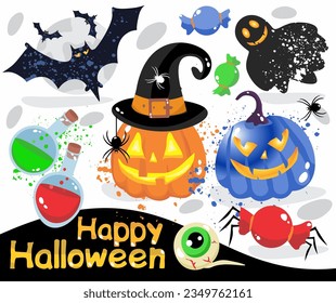 Halloween set. Pumpkins, spiders, bats, eyes, acid jar lids, candy, splashes. Vector illustration