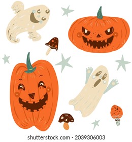 Halloween set with pumpkins, stars,ghost and mushrooms.