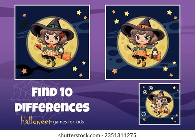 Halloween set, puzzle for children. Illustration, find 10 differences. A cute little witch flies on a broomstick at night. The development of logic and attention in preschoolers. Ready to print