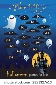 Halloween set, puzzle for children. Math maze, solve the example from 1 to 10, help the ghost to reach the castle. The development of logic, counting and attention skills in preschoolers.