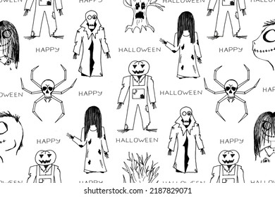 A Halloween Set With A Scary Girl With Long Black Hair, Creepy Boy, A Black Widow Spider, A Horror Tree, A Radiation Man In A Gas Mask And A Torn Raincoat, A Man With A Pumpkin Head And A Jumpsuit. 